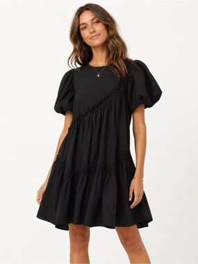 Anthropologie Forever That Girl Black Asymmetrical Ruffle Puff-Sleeve Mini Dress